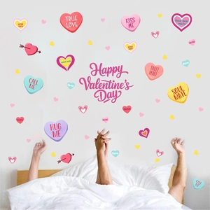 Stickers muraux en PVC en forme de cœur avec texte Happy Valentine's Day pour chambre