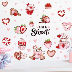 Stickers de fenêtre Saint-Valentin avec desserts en cœur, cupcakes et texte Love Is Sweet