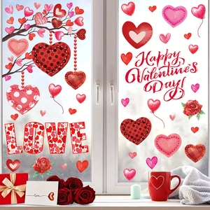 Valentine's Day Heart Rose Wall Stickers PVC Removable Love Letter Window Clings Romantic Home Decor Glass Decals For Living Room