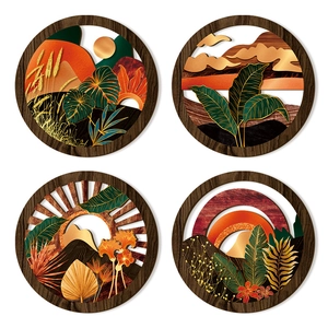 Set of 4 vintage round geometric wooden wall art with 3D tropical leaf and sunset designs