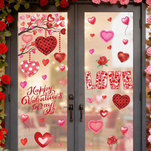 Valentine's Day heart window stickers with Love and Rose designs for glass door decoration