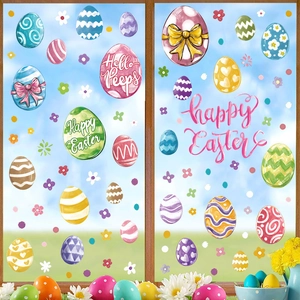 Easter egg glass window stickers with colorful patterns and Happy Easter holiday text