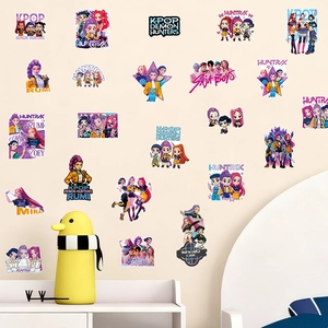 Detailed view of self-adhesive K-Pop anime style stickers applied on a bedroom wall