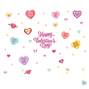 Stickers muraux cœurs colorés Happy Valentine's Day avec phrases romantiques sur blanc