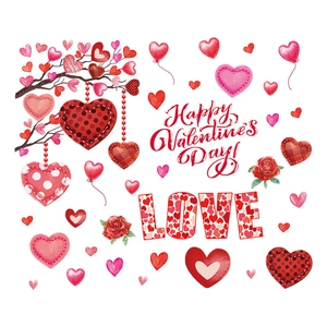 Watercolour Valentine's Day wall stickers with red hearts and floral tree on white background