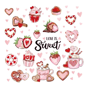 Autocollants de fenêtre PVC Saint-Valentin avec cœurs et illustrations de desserts