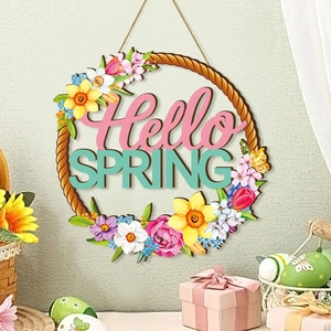 Hello Spring Welcome Door Sign Round Wooden Flower Wreath Wall Hanging Plaque For Front Door Home Porch Seasonal Decor