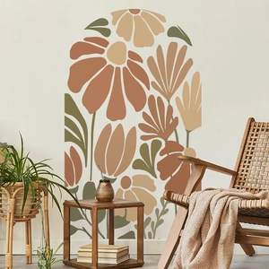 Sticker mural arche bohème avec motifs floraux aux tons terre pour décoration d'intérieur