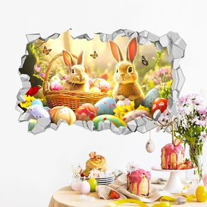 3D Easter wall decal detail showing realistic rabbits and colorful eggs breaking through wall