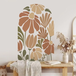 Sticker mural arche bohème avec motifs floraux abstraits aux tons terre pour la maison