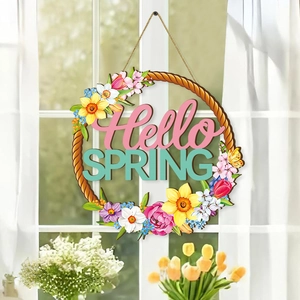 Floral wooden wreath sign with Hello Spring text for wall or door hanging decor