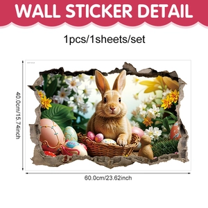 Detailed 3D wall sticker view showing 60x40cm Easter bunny and eggs mural dimensions
