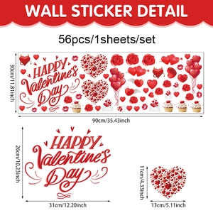 56-piece Valentine's Day wall stickers set with hearts and roses on 30x90cm sheet