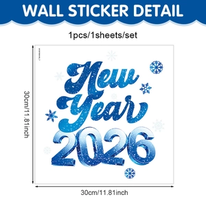 Makroaufnahme blauer Fensteraufkleber Neujahr 2026 mit Schneeflocken und 30 cm Abmessungen
