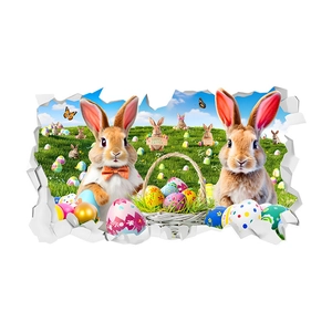 3D cracked wall Easter bunny wall stickers with colorful eggs and garden scene decor