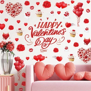 Happy Valentine's Day wall stickers with red hearts and roses on a white wall decor
