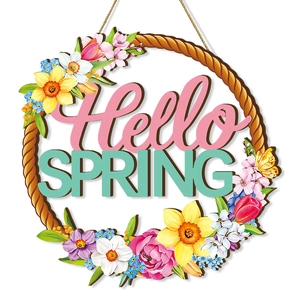 Floral wooden Hello Spring welcome door sign with colorful flowers for home decor