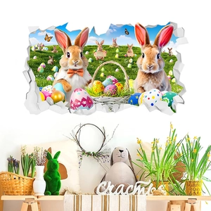3D hole Easter bunny wall sticker with colorful eggs for children's room decoration