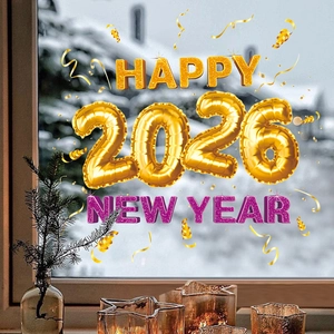 Festliche Fensteraufkleber für Neujahr 2026 mit goldenen Ballonzahlen vor Schneehintergrund