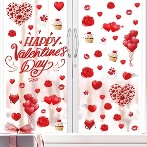 Happy Valentine's Day Wall Window Sticker PVC Red Heart Rose Decal For Wedding Proposal Party Home Background Wall Decor