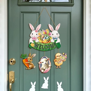 Easter Welcome door sign with cute wooden bunnies, colorful eggs and hanging animal pendants