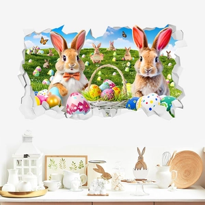 3D wall sticker with Easter bunny and colorful eggs with realistic cracked wall effect