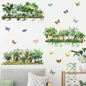 Topfgrüne Pflanzen Holzregale Wandaufkleber Bunte Schmetterlinge PVC Selbstklebende Wandtattoos Für Wohnzimmer Home Decor