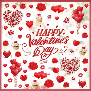 Valentine's Day window decals featuring red hearts, roses, balloons and Cupid arrows