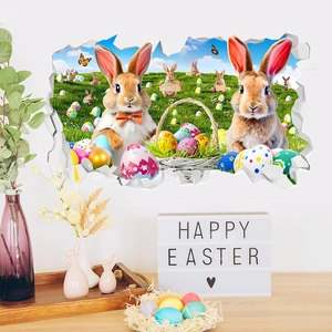 3D Easter bunny and colorful eggs wall stickers with broken wall effect for kids room