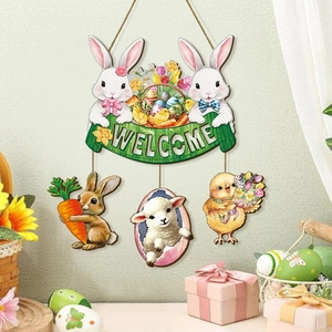 Detail of Easter wooden welcome sign featuring rabbits and seasonal spring characters
