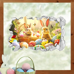 Detailed view of 3D Easter bunny wall sticker featuring colorful eggs and a broken wall effect