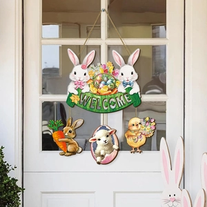 Easter wooden welcome sign featuring bunny and chick hanging ornaments for door decor