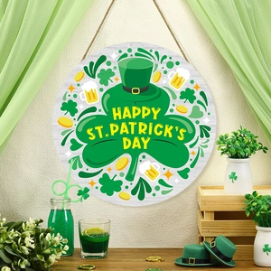 Happy St Patrick's Day Wood Round Sign Clover Leprechaun Hat Lucky Coin Hanging Plaque For Home Front Door Wall Decoration