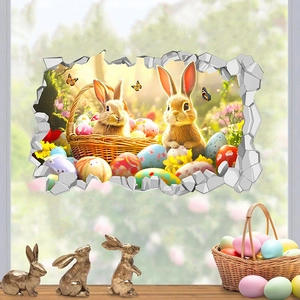 Macro detail of 3D Easter bunny wall sticker showing cracked wall effect and colorful eggs