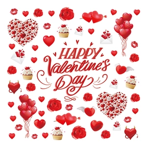 Happy Valentine's Day PVC window stickers with red roses, hearts and cupcakes decor