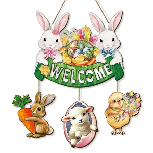 Easter wooden welcome sign featuring white bunnies, colorful eggs, and spring flowers