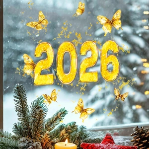 Goldene Neujahrs-Fensteraufkleber 2026 mit glitzernden Schmetterlingen und Festdeko