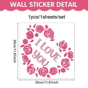 Pink rose heart sticker with I LOVE YOU text and 30x30cm size specifications