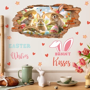 Detailed 3D Easter bunny wall decal featuring cracked wall effect and decorative text