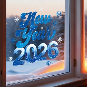 Detail von 2026 Neujahr Fensteraufklebern mit blauen Schneeflocken auf Glas