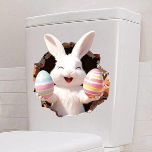 3D Osterhase Wandaufkleber mit bunten Eiern und kreativem Riss-Effekt für Bad und WC