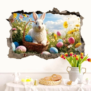 3D Easter bunny breaking through wall sticker with colorful eggs and flowers