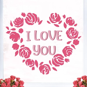 Pink rose heart-shaped glass window sticker with I Love You text for Valentine decoration