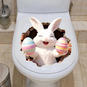3D Cartoon Osterhase Wandaufkleber mit weißem Kaninchen und bunten Eiern für Toilettendekor