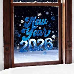 Nahaufnahme des blauen 3D Neujahr 2026 Fensteraufklebers mit Schneetextur auf Glas