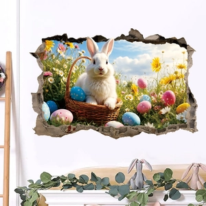 Detailed 3D wall sticker showing a white rabbit in a basket with Easter eggs on a wall