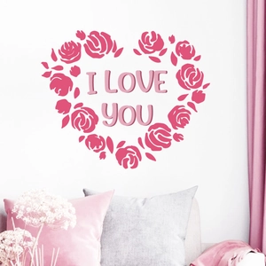 Pink rose heart-shaped PVC wall sticker with I Love You text for Valentine's party