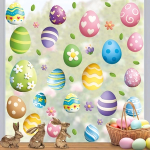 Easter window clings set with colorful eggs and rabbits on glass for home decoration
