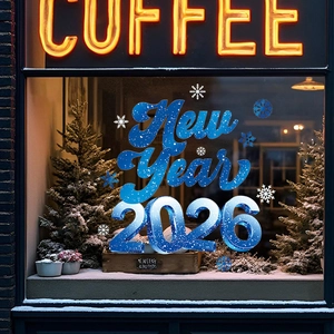 Detailansicht der 2026 Neujahrs-3D-Fensteraufkleber mit Schneeflocken auf Glasfront