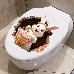 3D-Osterhase-Wandtattoo mit bunten Eiern und Blumen auf einem weißen Toilettendeckel